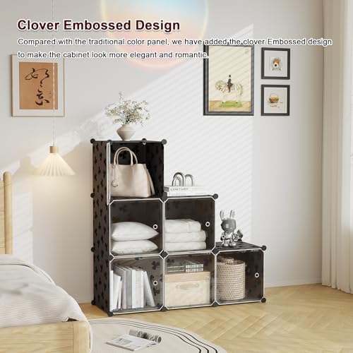 C&AHOME Clover Embossed Storage Organizer with Doors 6-Cube Shelf Black - Image 5