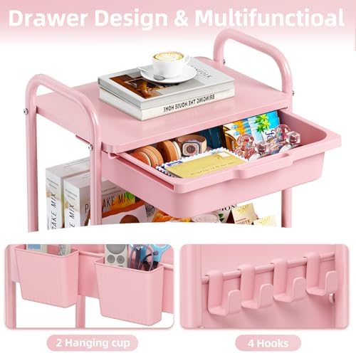 KINGRACK 3 Tier Metal Rolling Cart with Drawer, Pink Utility Storage Cart | 2 Cups & 4 Hooks, Lockable Wheels, Trolley Organizer for Bathroom, Kitchen, Office, Nursery, Dorm, Laundry, Craft Room - Image 5