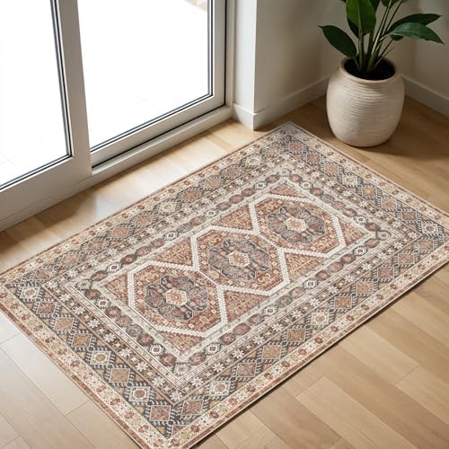 2x3 Area Rug Washable Vintage: Non Slip Throw Rugs for Entryway Floor Brick by Ksrau