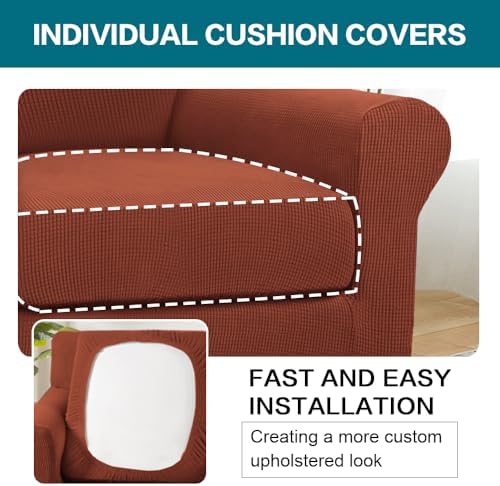 Turquoize 2 Piece Chair Covers Chair Slipcovers for Living Room Armchair Couch Cover Chair Sofa Cover with Individual Cushion Covers Furniture Cover for Chairs Feature Jacquard Fabric (Chair, Rust) - Image 5