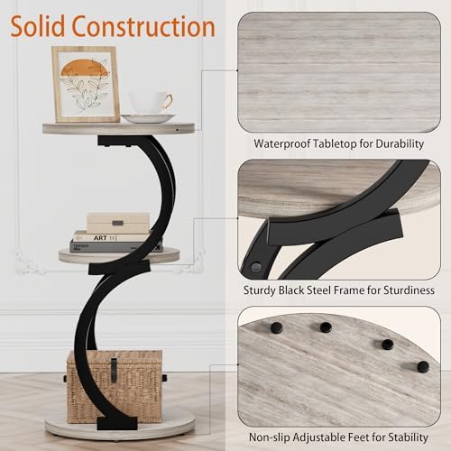 JUSTOGO Small Side Table, 3-Tier Round End Table for Small Spaces, Greige - Image 5