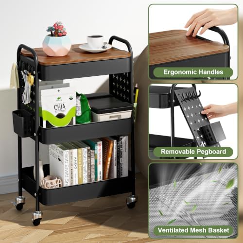 3 Tier Rolling Cart with DIY Pegboard, Metal Utility Cart with Table top - Image 3