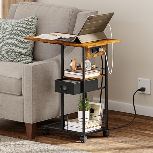 Rolling C-Shaped Side Table with Charging Station, Night Stand with Type-C & USB Port and Outlet for Bedroom, Spacious Coffee Table with Wheels for Living Room, Home Office, Small Space(Large Desktop) - Image 2
