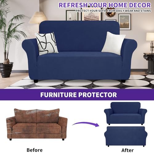 ZNSAYOTX Super Stretch Loveseat Covers (57"-70"), New Striped Love Seat Slipcover, Dogs Pet Friendly Anti-Slip Couch Protector Spandex Durable 2 Seater Fabric Sofa Cover (Navy Blue, Loveseat) - Image 2
