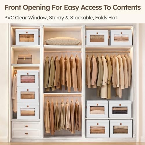 Homsorout Storage Bins with Lids - Front Opening Storage Box with Clear Window & Handles, Stackable Foldable Fabric Bins for Closet Organization, Clothes, Sweaters, Towels, Blankets, 3 Pack, White - Image 2