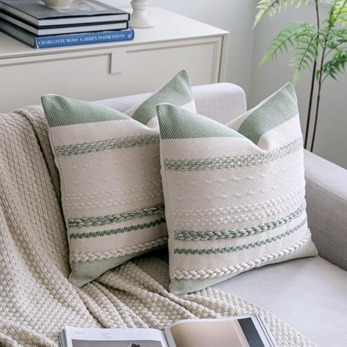 Cethom Boho Throw Pillow Covers 18x18 Inch Set of 2, Sage Green Textured Decorative Couch Pillow Cases for Farmhouse Home Decor, Accent Cushion Cover for Sofa, Bed, Living Room, Bedroom - Image 2