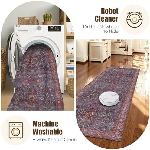 Washable Area Rug 2'6'' x 8' Vintage Traditional Persian Mat - Foldable Distressed Non-Slip Machine Washable Carpet for Living Room Bedroom Kitchen Home Decor - Indigo and Crimson - Image 7