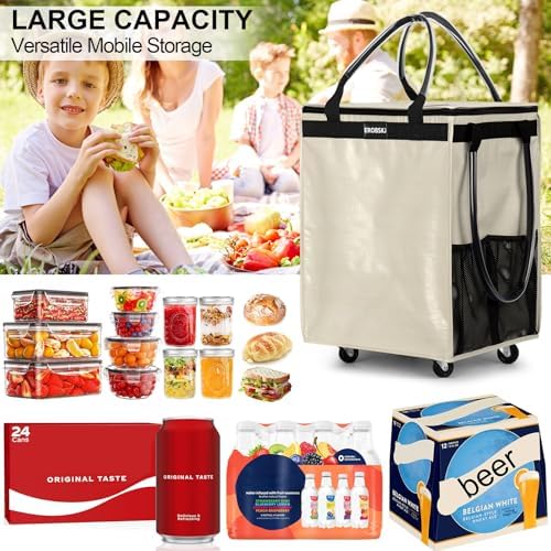 (Medium,Beige) Reusable Grocery Bag on Wheels, Foldable Rolling Tote, Carries Up to 66 lbs Shopping Trolley, Zipper Clouser Shopping Carts for Trips, Laundry, 4 Heavy Duty Wheels and 3 Handles - Image 5
