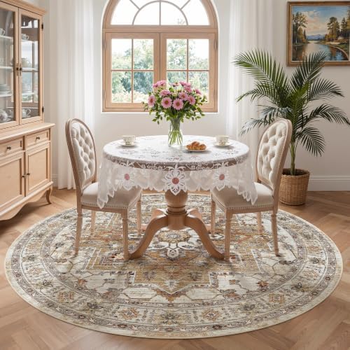 Madane Washable 5ft Circle Round Rug, 5x5 Circular Area Rugs, Turmeric/Grey - Image 4