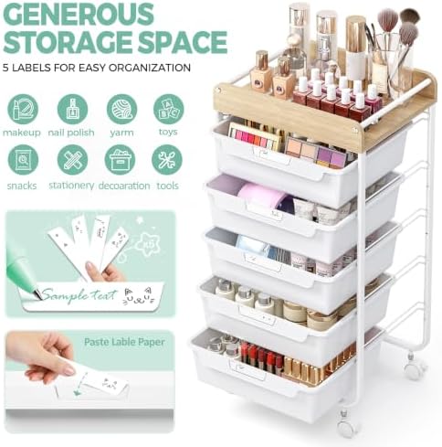 SYKIARIOL Rolling Cart with 5 Drawers,Art Craft Cart,White - Image 4