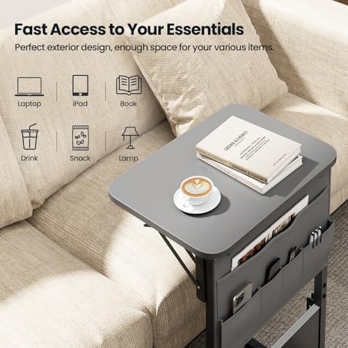 HLDIRECT C Shaped End Table with Charging Station & Storage Bag Gray - Image 5