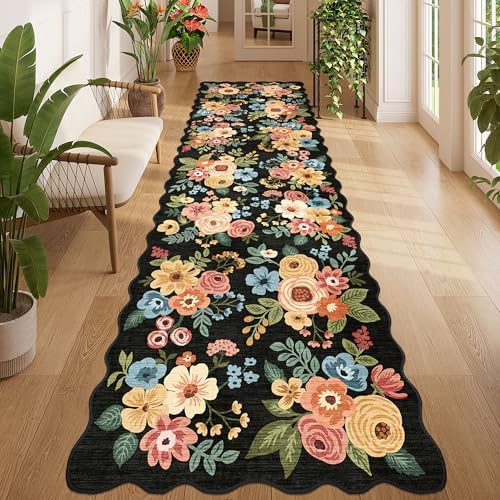 DUKINO 3x10 Runner Rug, Non Slip Floral Washable Rug for Hallway, Black by DUKINO