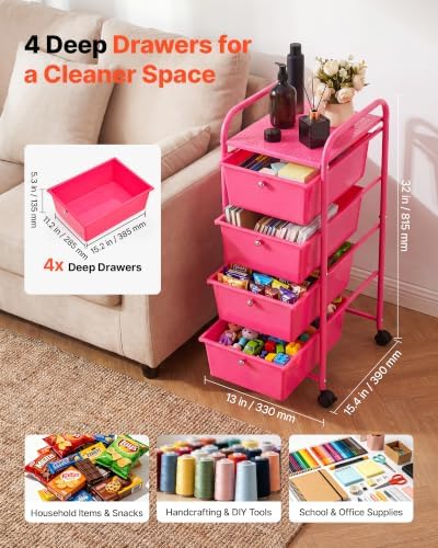 VEVOR Rolling Cart with Drawers, 4 Drawer Storage Organizer, Mobile Utility Cart with Steel Frame, Universal Casters & 2 Brakes, for Office, Classroom, Craft Tools, Garage, Cleaning Supplies, Rose Red - Image 2
