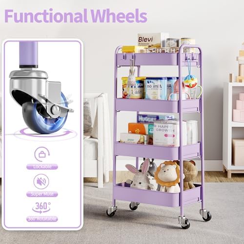 TOOLF 4 Tier Metal Rolling Cart, Utility Storage Cart with Wheels, Purple | Screwless Assembly, Lockable Metal Wheels, Trolley Organizer for Bathroom, Kitchen, Office, Dorm, Laundry, Craft Room - Image 5
