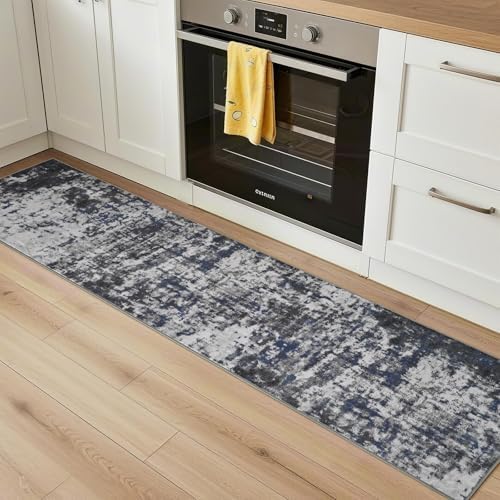 2x8 Washable Runner Rug Non Slip Runners for Hallways, Kitchen Soft Stain Resistant Floor Carpet with Rubber Backing Abstract Rugs for Entryway, Bedroom, Bathroom, Laundry Room, Dark Grey Blue - Image 2