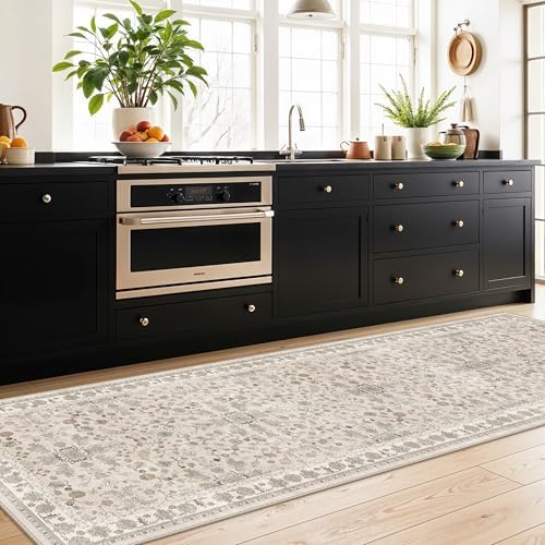 3x10ft Hallway Runner Rug Non-Slip Washable – Soft Long Carpet Runner for Kitchen Indoor Entryway,Boho Floral Low Pile Thin Wide Rug Runner with Rubber Backing (Beige,3x10) - Image 4