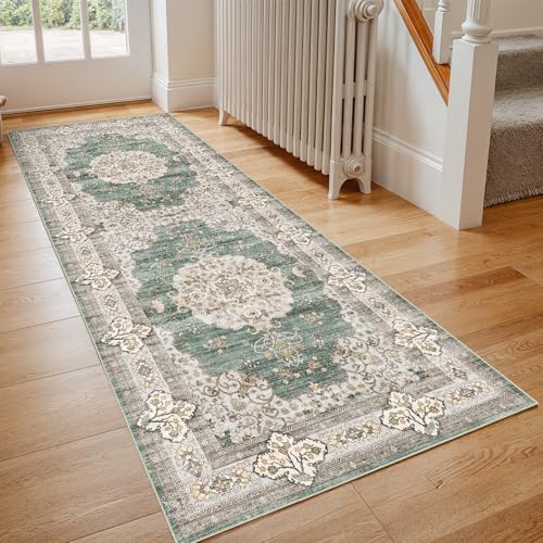 Ksrau 3x6 Runner Rug Washable Vintage: Non Slip Hallway Runners Green/Beige - Image 2