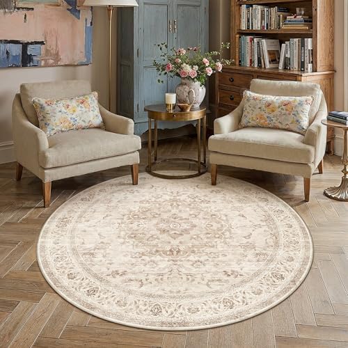4R Beige Washable Round Rug Non Slip Vintage Carpet - Image 3