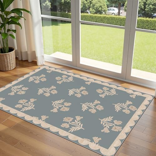 3x5 Floral Entry Rug - Small Washable Indoor Outdoor Mats for Front Door Non-Slip Porch Rug Blue Boho Farmhouse Scalloped Throw Rugs for Living Room Bedroom Entryway Kitchen Office Porch Decor by Othilic