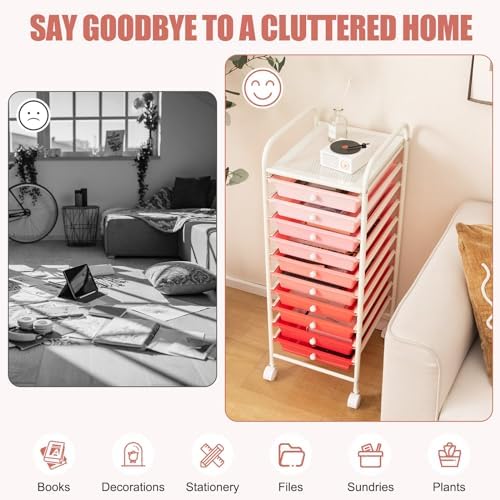 MEDIMALL 10 Drawers Rolling Storage Cart, Multipurpose Craft Storage Cart with Wheels, Mobile Tools Scrapbook Paper Organizer Cart for Office School Home Use - Image 7
