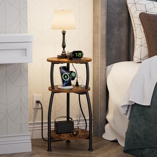 Round Side Table with Charging Station, Small Spaces Nightstand - Image 2
