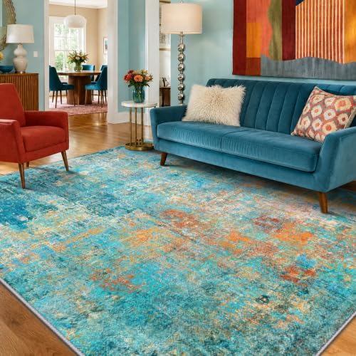 RELEANY Washable 7'x9' Abstract Area Rug for Living Room Teal Multi by RELEANY