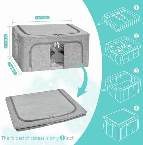 3 Pack Clothes Storage Bins, Foldable Metal Frame Storage Box with Lids,Stackable Linen Fabric Organizer Set with Carrying Handles,Zippers,and Clear Window (Grey, 24L) - Image 2