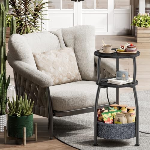 Side Table with Charging Station, Small Round End Table with Basket - Image 6