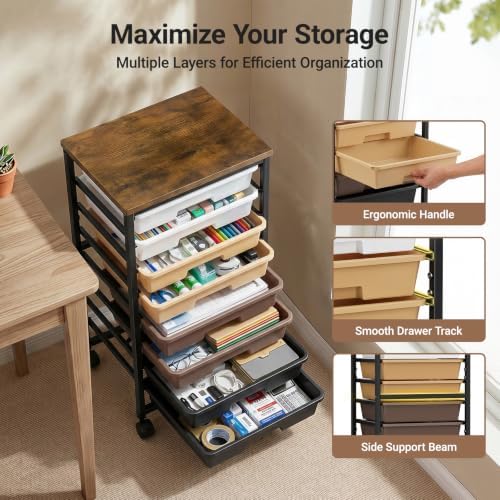 Pipishell Rolling Cart with 5 Drawers, Craft Storage Cart, Khaki Gradient - Image 2
