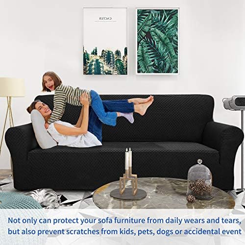 ZNSAYOTX 1 Piece Jacquard Couch Covers for 3 Cushion Couch Living Room High Stretch Sofa Cover Pets Dogs Friendly Anti Slip Thickened Slipcovers Furniture Protector (Sofa, Black) - Image 2