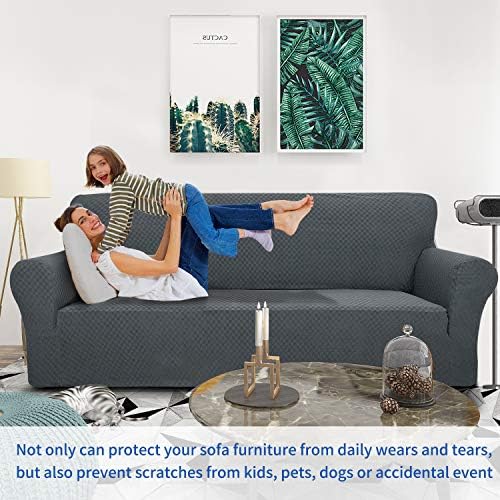 ZNSAYOTX 1 Piece Jacquard Couch Covers for 2 Cushion Couch High Stretch Loveseat Slipcover for Pets Dogs Anti Slip Love Seat Sofa Slipcover Furniture Protector (Loveseat, Dark Grey) - Image 2