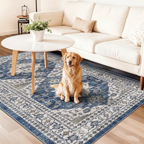 Washable 4x8 Hallway Runner Rug: Vintage 8ft Soft Runners for Entry Kitchen Wide Low Pile Carpet with Non-Slip Backing for Living Room Bedroom Thin Bathroom Carpet for Dining Room Foyer（4x8,Blue - Image 2