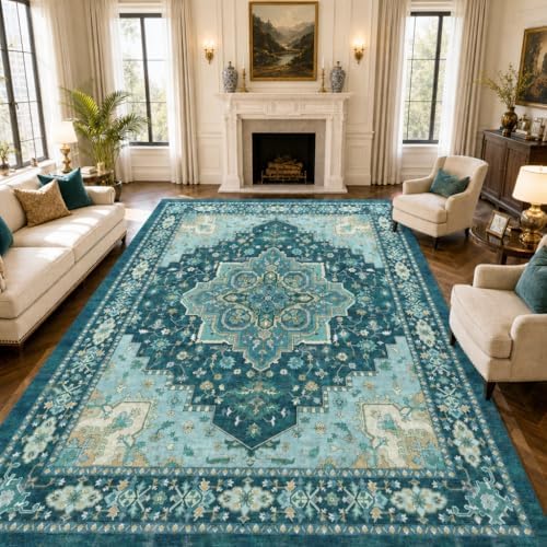 AMADA HOMEFURNISHING 8x10 Area Rug for Living Room, Vintage Washable Area Rug Low-Pile & Non-Slip Carpet for Bedroom Dining Room Nursery Home Office, Teal Blue - Image 2