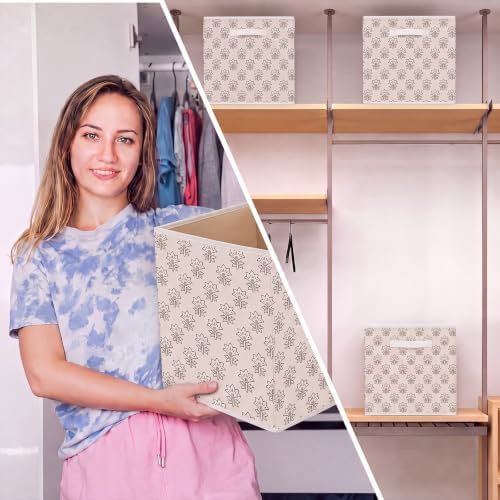 Bokon 6 Pcs 11'' Block Print Storage Bins Cube Beige Floral Storage Basket - Image 5