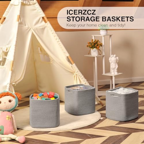 ICERZCZ 13 Inch Cube Closet Storage Bins, Woven Cotton Rope Organizer Baskets for Organizing & Shelves, Books, Towels, Clothes, Toys, 13x13x13 in, Grey (Pack of 3) - Image 6