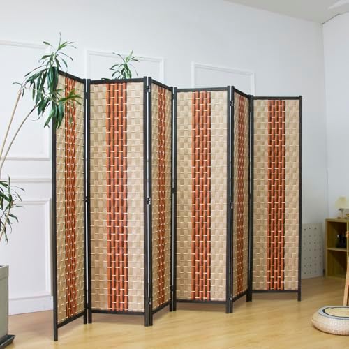 Furnnylane 6 Panel Rattan Room Divider, 5.9 ft Tall Double-Sided Blackout Folding Privacy Screen for Room Separation, with Beige and Orange Panels for Home & Office (70.9" H x 106.3" W) - Image 3