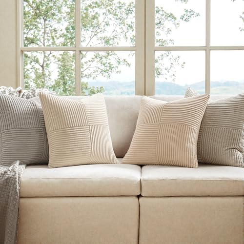 MIULEE Neutral Decorative Throw Pillow Covers 16x16 Inch Set of 4 for Livingroom Couch Sofa Modern Farmhouse Soft Corduroy Cushion Cases Striped Patchwork Home Decor (Cream,Grey) - Image 2