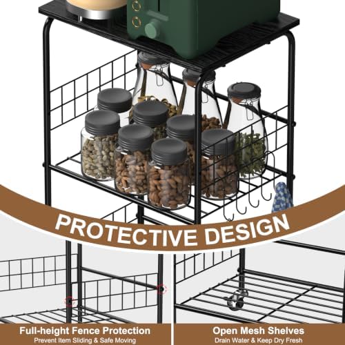 Rolling Kitchen Cart with Top Panel, 4-Tier Rolling Utility Cart with Hooks - Image 5