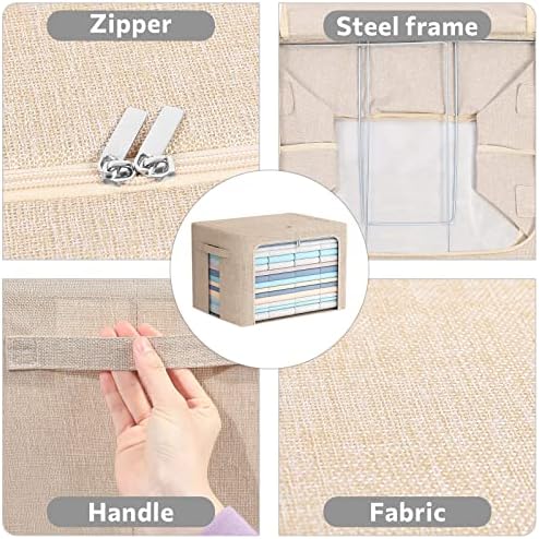 FHSQX 2 Pack Clear Window Storage Bins - Large Stackable Linen Fabric Storage for Clothes Foldable Container Organizer Set with Carrying Handles (Beige, 19.7x 15.7x 12.6 Inch) - Image 3