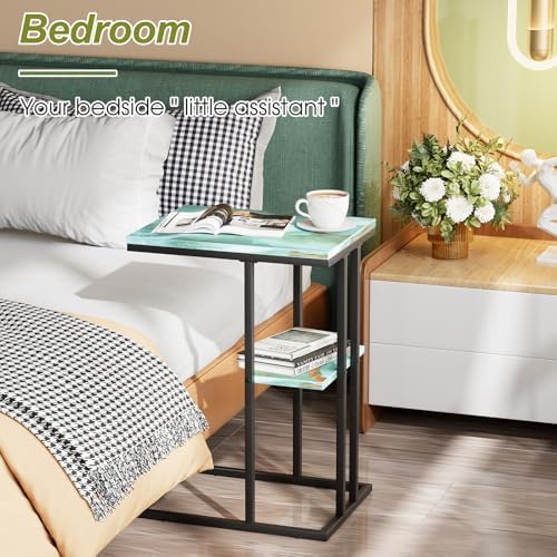 C Shaped Side Table, Couch End Table for Small Space, Blue&Green - Image 7
