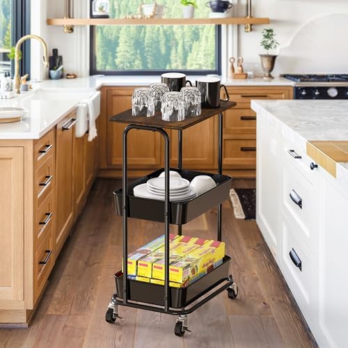 Simple Houseware 2-Tier Utility Cart Wood Top/Lockable Wheel, Rustic Brown - Image 7