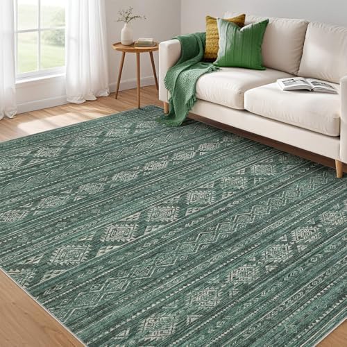 Nakagishi 7x9 Area Rugs Living Room: Washable Boho Large Neutral Soft Farmhouse Rug Stain Resistant Modern Indoor Floor Non-Slip Carpet for Bedroom Nursery Kids Playroom Office Dining Room Dorm- Green by NakagishiAreaRug