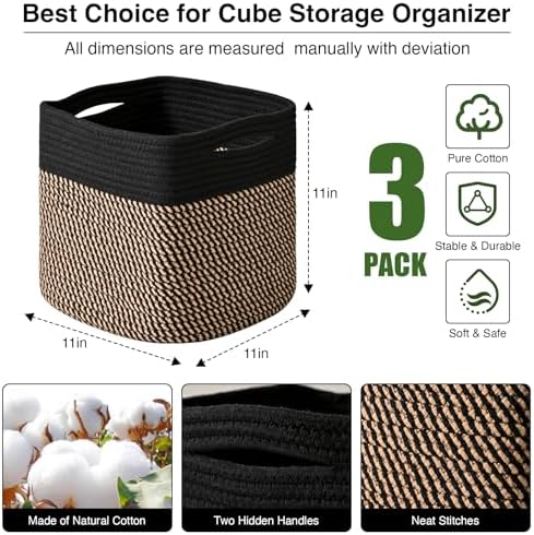ICERZCZ 11 Inch Cube Storage Bins, Storage Cube Organizer Bins, Woven Cotton Rope Baskets for Storage, Storage Basket for Organizing Shelves, Square Baskets for Toys Nursery, Black & Jute (Pack of 3) - Image 2