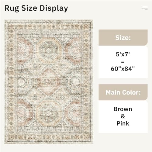 Soalmost 5x7 Area Rugs Brown/Pink Low Pile Washable Trendy Faded Style Rug - Image 3