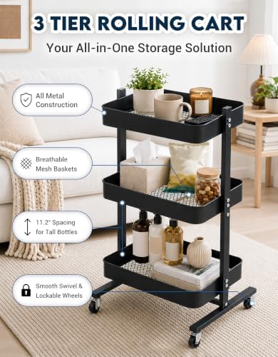 ZOES HOMEWARE 3 Tier Metal Rolling Cart by T-Frame Design on Wheels,Black - Image 2