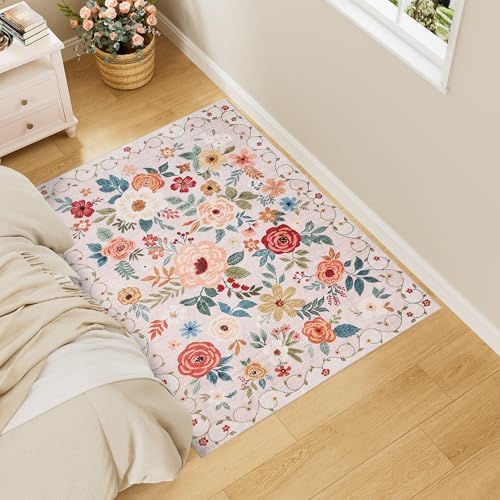 DUKINO 3x4 Area Rug, Floral Washable Rug for Kitchen Non Slip, Beige by DUKINO