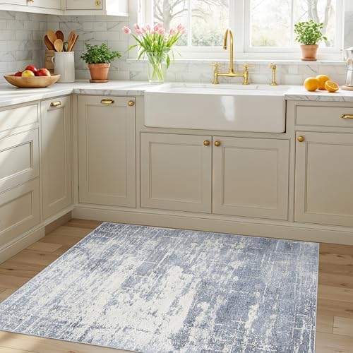Washable 3x4 Kitchen Area Rugs: Abstract Stain-Resistant Sink Rug Non-Slip Durable Doormat Soft Bedroom Nursery Besides Carpets Indoor Water-Resistant Bathroom Floor Mat for Family(3x4,Blue/Ivory) - Image 6