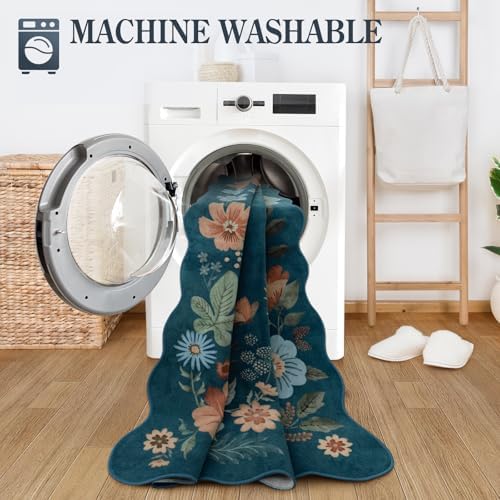 Lahome Floral Washable Area Rugs 5x7, Soft Navy Blue Rugs for Living Room - Image 4