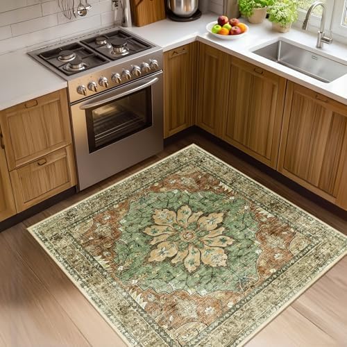 RELEANY Washable Area Rug, Square 4'x4', Brick/Brown/Green by RELEANY