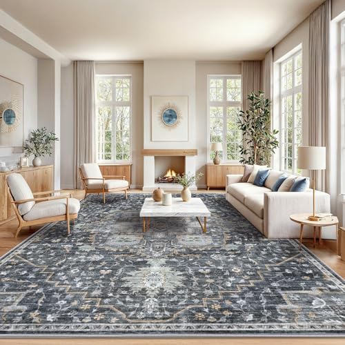 AMADA HOMEFURNISHING 10x14 Washable Area Rug, Low-Profile Large Area Rug with Non-Slip Backing & Durable Edge Binding, Vintage Large Rugs for Living Room, Bedroom & Dining Room by AMADAHOMEFURNISHING